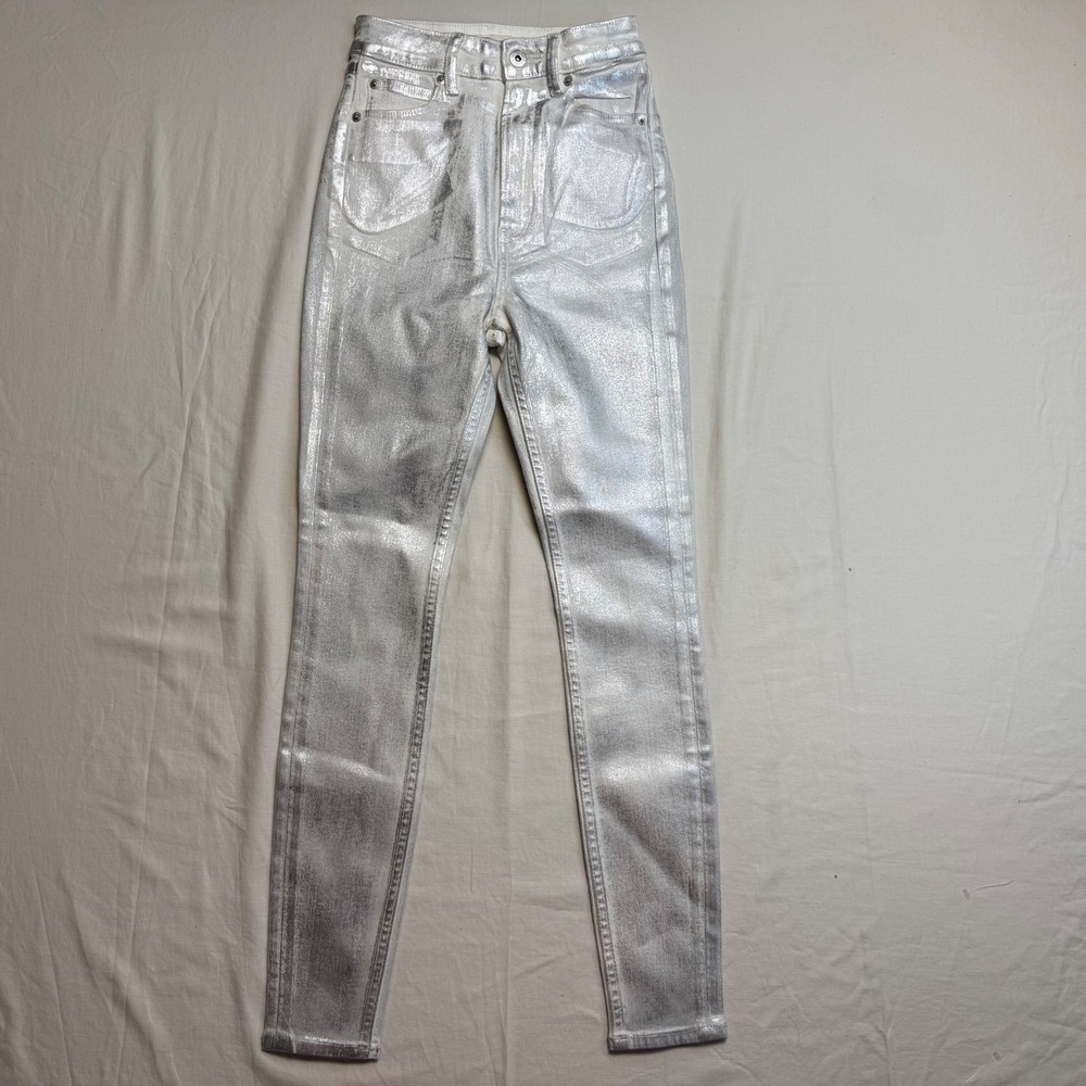 Studio R330 25 Jeans Denim High Rise Skinny Coated Metallic Icy Gray Silver NWOT